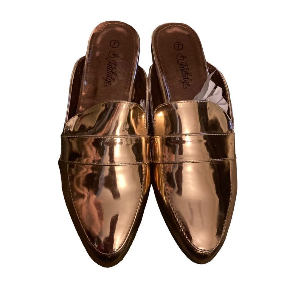 INDULGE Women’s Rose Gold Slide On Flat Mules Loafers Size 7 Round‎ Toe Metallic